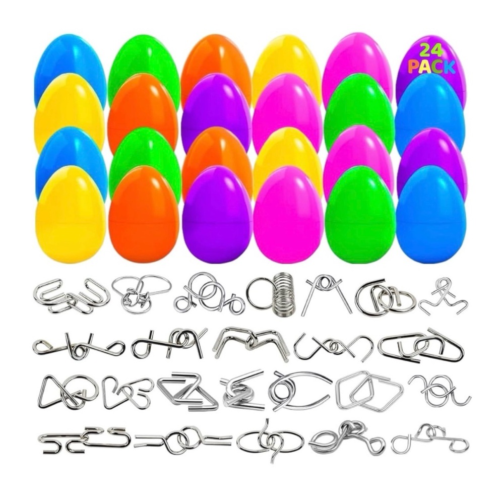 24Pack Prefilled Easter Eggs for Basket Stuffers with Metal Brain Teaser Puzzle
